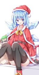 Rule 34 | 1girl, bad id, bad twitter id, belt, black gloves, black thighhighs, blue eyes, blue hair, capelet, cirno, daiyousei, detached wings, dress, gloves, hat, highres, ice, ice wings, knees up, looking at viewer, open mouth, red capelet, red dress, red footwear, red hat, sabana, sack, santa costume, santa hat, short hair, simple background, sitting, solo, thighhighs, touhou, white background, wings