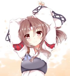 Rule 34 | 10s, 1girl, arms up, blush, brown eyes, brown hair, eyebrows, fuuna, hachimaki, hair between eyes, head tilt, headband, high ponytail, japanese clothes, kantai collection, long hair, long sleeves, looking at viewer, matching hair/eyes, muneate, ponytail, simple background, smile, solo, upper body, white background, wide sleeves, zuihou (kancolle)