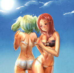 Rule 34 | 2girls, arm grab, ass, assisted exposure, back, bare shoulders, bikini, blue eyes, blush, bow (bhp), breasts, cleavage, cloud, day, embarrassed, female focus, green hair, long hair, multiple girls, naughty face, navel, original, red hair, short hair, short twintails, sky, smile, striped bikini, striped clothes, sun, surprised, swimsuit, twintails, undressing, yuri