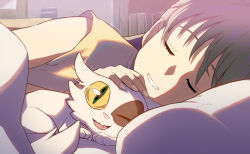 Rule 34 | 1girl, :3, animal ear fluff, animal focus, bed, bedroom, blanket, bookshelf, brown hair, cat, closed eyes, colored sclera, commentary, curled up, daijin (suzume), eyelashes, fang, fingernails, front to back, green eyes, grin, happy, headpat, indoors, iwato suzume, looking at viewer, lying, on bed, on side, one eye closed, open mouth, parted lips, petting, shirt, short sleeves, slit pupils, smile, solo, suzume no tojimari, syope, under covers, white cat, yellow sclera, yellow shirt