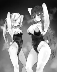 Rule 34 | 2girls, absurdres, armpits, blush, breasts, covered navel, fern (sousou no frieren), frieren, fringe trim, greyscale, highres, large breasts, leotard, long hair, mac (pixiv31869137), medium breasts, monochrome, multiple girls, navel, playboy bunny, presenting armpit, rabbit tail, sideboob, sousou no frieren, steam, steaming body, sweat, sweatdrop, tail