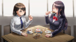 Rule 34 | 3boys, 4girls, black hair, blush, cake, closed eyes, cup, food, giant, giantess, highres, in container, kuroihassan, long hair, mini person, minigirl, multiple boys, multiple girls, office lady, plate, short hair, smile, tea, teacup, vore