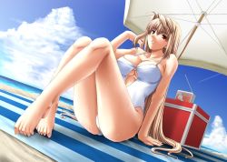 Rule 34 | 00s, 1girl, arcueid brunestud, barefoot, beach, blonde hair, breasts, casual one-piece swimsuit, cleavage, cloud, day, earrings, feet, jewelry, large breasts, long hair, long legs, miyai sen, one-piece swimsuit, outdoors, radio, red eyes, sitting, sky, solo, sweat, swimsuit, tsukihime, umbrella, very long hair, wet