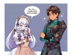 Rule 34 | 1boy, 1girl, apron, brown hair, closed eyes, commentary, cookie, cyril (fire emblem), english commentary, english text, fire emblem, fire emblem: three houses, fire emblem heroes, food, hetero, lysithea von ordelia, lysithea von ordelia (tea party), maid, maid apron, maid headdress, nintendo, official alternate costume, official alternate hairstyle, red eyes, rein creamsoda, sparkle, speech bubble, upper body, white hair