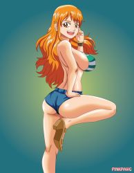 Rule 34 | 1girl, artist name, ass, back, bare shoulders, bikini, bikini top only, bracelet, breasts, earrings, female focus, high heels, highres, hip focus, jewelry, large breasts, leg up, legs, long hair, looking at viewer, nami (one piece), one piece, open mouth, orange eyes, orange hair, pinkpawg, sandals, shiny skin, short shorts, shorts, sideboob, smile, solo, swimsuit, teeth, thighs, tongue