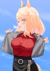 Rule 34 | 1girl, animal ears, belt, black belt, black skirt, blonde hair, blue eyes, blue sky, blush, breasts, commentary request, cropped jacket, ear ornament, gold city (umamusume), highres, horse ears, horse girl, horse tail, jacket, large breasts, long hair, looking at viewer, official alternate costume, open clothes, open jacket, parted lips, pencil skirt, philo 324, ribbed sweater, skirt, sky, solo, sweater, tail, umamusume, upper body, visible air