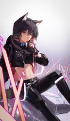 Rule 34 | 1girl, absurdres, ambience synesthesia, animal ear fluff, animal ears, arknights, belt, black gloves, black hair, black jacket, black pants, black shirt, brown eyes, closed mouth, crop top, cropped jacket, feet out of frame, gloves, gradient background, grey background, hair between eyes, highres, jacket, knee up, long hair, long sleeves, looking at viewer, multicolored hair, navel, official alternate costume, open clothes, open jacket, pants, partially fingerless gloves, planted, planted sword, planted weapon, red hair, shirt, sitting, solo, stomach, sword, texas (arknights), two-tone hair, very long hair, weapon, wolf ears