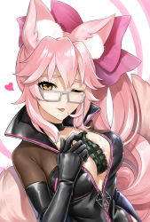 Rule 34 | 1girl, animal ear fluff, animal ears, between breasts, black bodysuit, blush, bodysuit, bow, breasts, center opening, chako (pixiv 68948388), choker, cleavage, explosive, fate/grand order, fate (series), fox ears, fox girl, fox tail, glasses, grenade, hair between eyes, hair bow, heart, highres, koyanskaya (assassin) (first ascension) (fate), koyanskaya (fate), large breasts, long hair, looking at viewer, one eye closed, pink bow, pink hair, ponytail, sidelocks, smile, solo, tail, tamamo (fate), tongue, tongue out, yellow eyes