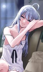 Rule 34 | 1girl, ahoge, arm support, bedroom, black ribbon, blush, covered erect nipples, covering breasts, covering privates, dress, elaina (majo no tabitabi), flat chest, grey hair, half-closed eyes, head on arm, head on own shoulder, highres, leaning on object, long hair, looking at viewer, majo no tabitabi, nigatsumikka, nightgown, ribbon, sleepwear, solo, spaghetti strap, squinting, strap slip, thighs, thighs together, white dress, white nightgown