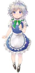 Rule 34 | 1girl, aged down, apron, blue eyes, blue skirt, bow, braid, brown footwear, commentary request, full body, green bow, hair bow, highres, izayoi sakuya, looking at viewer, maid, maid headdress, netamaru, puffy short sleeves, puffy sleeves, ribbon-trimmed sleeves, ribbon trim, shoes, short sleeves, silver hair, simple background, skirt, socks, solo, touhou, twin braids, vest, waist apron, white background, white socks, wrist cuffs