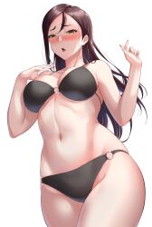 Rule 34 | 1girl, absurdres, bare arms, bare shoulders, bikini, black bikini, blush, breasts, brown hair, chishio (onoderayui), commentary request, cowboy shot, embarrassed, fingernails, from below, groin, hair behind ear, half-closed eyes, halterneck, hands up, highres, large breasts, long hair, looking at viewer, looking down, love live!, love live! sunshine!!, mature female, navel, nose blush, o-ring, o-ring bikini, o-ring bottom, o-ring top, parted bangs, parted lips, raised eyebrows, sakurauchi riko&#039;s mother, simple background, solo, standing, stomach, swimsuit, w arms, white background, yellow eyes