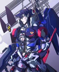 Rule 34 | 1boy, 8823, black hair, blue eyes, clenched hands, freedom gundam, gun, gundam, gundam seed, highres, holding, holding gun, holding weapon, looking down, male focus, mecha danshi, mechanical wings, personification, solo, weapon, wings, wire