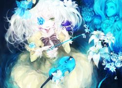 Rule 34 | 1girl, :d, alternate costume, blue flower, blue rose, blue theme, bow, bow (music), bowtie, buttons, center frills, female focus, fingernails, flower, formal, frills, green eyes, hair flower, hair ornament, harp, hat, highres, instrument, juexing (moemoe3345), komeiji koishi, lily (flower), lolita fashion, nail polish, open mouth, rose, sitting, smile, solo, striped bow, striped bowtie, striped clothes, tongue, touhou, twintails, violin, water, white flower, white hair, white rose