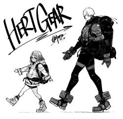 Rule 34 | 1boy, 1girl, age difference, backpack, bag, black-framed eyewear, closed mouth, facial mark, glasses, gloves, greyscale, hair over one eye, heart gear, highres, hood, hood down, jacket, monochrome, open mouth, shoes, short hair, short shorts, shorts, simple background, smile, sneakers, texture, tsuyoshi takaki, walking, white background, white hair