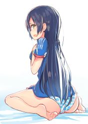 Rule 34 | 10s, 1girl, 2014 fifa world cup, absurdres, ass, blue hair, blush, brown eyes, from behind, highres, japan, kame^^, long hair, looking at viewer, looking back, love live!, love live! school idol project, open mouth, panties, polka dot, polka dot panties, sitting, soccer uniform, solo, sonoda umi, sportswear, underwear, world cup