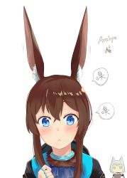Rule 34 | 2girls, :&lt;, absurdres, amiya (arknights), animal ear fluff, animal ears, arknights, blue eyes, blush, brown hair, character name, chinese commentary, commentary request, feza chen (ushaku), green eyes, hair between eyes, highres, jewelry, kal&#039;tsit (arknights), long hair, looking at viewer, multiple girls, neck ring, portrait, rabbit ears, ring, silver hair, simple background, speech bubble, translation request, white background