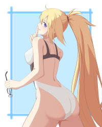 Rule 34 | 1girl, ass, blonde hair, blue eyes, commentary request, competition swimsuit, cowboy shot, drill bulbul, unworn eyewear, fate/grand order, fate (series), finger to mouth, holding, holding removed eyewear, index finger raised, jeanne d&#039;arc (fate), jeanne d&#039;arc (swimsuit archer) (fate), jeanne d&#039;arc (swimsuit archer) (second ascension) (fate), looking at viewer, looking back, one-piece swimsuit, ponytail, solo, swimsuit, white one-piece swimsuit