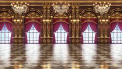 Rule 34 | azuma hatori, ballroom, candelabra, candle, candlestand, chandelier, checkered floor, curtains, day, european architecture, highres, indoors, muntins, no humans, official art, prince kingdom, scenery, window