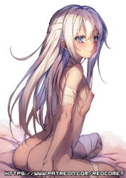 Rule 34 | 10s, 1girl, ass, bad anatomy, bandages, bandaged arm, bandaged head, blue eyes, blush, breasts, hibiki (kancolle), kantai collection, long hair, nipples, nude, redcomet, silver hair, sitting, small breasts, smile, solo, watermark, web address, white background