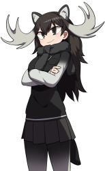 Rule 34 | 10s, 1girl, animal ears, antlers, black eyes, black scarf, black skirt, black vest, closed mouth, commentary request, cowboy shot, crossed arms, grey pantyhose, harau, horns, kemono friends, long sleeves, looking at viewer, moose (kemono friends), moose ears, moose tail, pantyhose, pleated skirt, scarf, simple background, skirt, smile, solo, tail, vest, white background