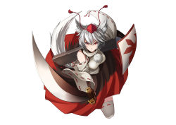 Rule 34 | 1girl, animal ears, bare shoulders, detached sleeves, hat, highres, inubashiri momiji, pom pom (clothes), red eyes, shield, shinebell, short hair, silver hair, simple background, skirt, solo, sword, tail, thighhighs, tokin hat, touhou, weapon, white background, white thighhighs, wolf ears, wolf tail