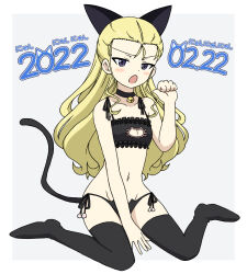 Rule 34 | 1girl, animal ears, assam (girls und panzer), bell, black ribbon, black thighhighs, blonde hair, blue eyes, blush, bra, cat cutout, cat day, cat ear panties, cat ears, cat lingerie, cat tail, cleavage cutout, clothing cutout, commentary, dated, flat chest, frilled bra, frills, frown, full body, girls und panzer, glaring, groin, hair pulled back, hair ribbon, highres, ichinose jun, jingle bell, lingerie, long hair, looking at viewer, meme attire, navel, neck bell, open mouth, panties, paw pose, ribbon, side-tie panties, simple background, sitting, solo, tail, thighhighs, translated, underwear, wariza