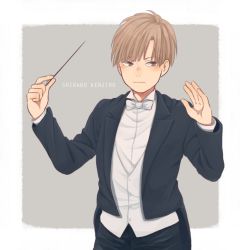 Rule 34 | 1boy, conductor baton, black jacket, black pants, blunt bangs, bow, bowtie, brown eyes, brown hair, character name, closed mouth, commentary request, conductor, formal, haikyuu!!, jacket, laugh 111, long sleeves, male focus, open clothes, open jacket, pants, shirabu kenjirou, short hair, solo, vest, white bow, white bowtie, white vest