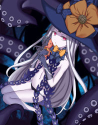 Rule 34 | 1girl, abigail williams (fate), abigail williams (third ascension) (fate), bad id, bad pixiv id, bare legs, barefoot, black bow, black gloves, black hat, black panties, blurry, blurry background, bow, closed mouth, collarbone, commentary request, depth of field, elbow gloves, fate/grand order, fate (series), gloves, hands up, hat, hat bow, highres, holding, holding stuffed toy, long hair, looking at viewer, navel, orange bow, pale skin, panties, parted bangs, print bow, red eyes, revealing clothes, roi (liu tian), skull print, soles, solo, star (symbol), star print, stuffed animal, stuffed toy, suction cups, teddy bear, tentacles, topless, underwear, very long hair, white hair, witch hat