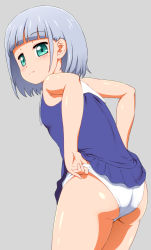 Rule 34 | 1girl, anime coloring, ass, bare shoulders, blue dress, capitan (tsyoujo), closed mouth, clothes lift, dress, dress lift, from behind, green eyes, grey background, highres, legs together, original, panties, shiny skin, short hair, sidelocks, silver hair, simple background, sleeveless, sleeveless dress, solo, standing, underwear, white panties