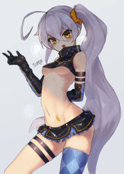 Rule 34 | 1girl, ahoge, argyle, argyle clothes, argyle legwear, arm behind back, arm strap, artist name, bare shoulders, black gloves, black skirt, blue background, blue thighhighs, blush, breasts, brown eyes, elbow gloves, girls&#039; frontline, gloves, grey hair, hair between eyes, hair ornament, hair scrunchie, head tilt, highres, icenight, long hair, looking at viewer, microskirt, navel, open mouth, pkp (girls&#039; frontline), scrunchie, side ponytail, single thighhigh, skindentation, skirt, small breasts, solo, sweat, thigh strap, thighhighs, underboob, v-shaped eyebrows, very long hair