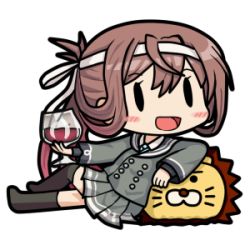 Rule 34 | 1girl, 90mm single high-angle gun mount, :d, asagumo (kancolle), bamomon, black thighhighs, blazer, blush stickers, brown hair, chibi, commentary request, cup, drinking glass, hachimaki, headband, holding, jacket, kantai collection, long hair, looking at viewer, lowres, open mouth, pleated skirt, ponytail, school uniform, simple background, skirt, smile, solo, stuffed animal, stuffed lion, stuffed toy, thighhighs, white background, wine glass, zettai ryouiki