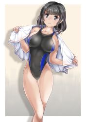 Rule 34 | 1girl, bare shoulders, black eyes, black hair, blunt bangs, blush, breasts, collarbone, competition swimsuit, highleg, highres, large breasts, looking at viewer, mashinatsu, one-piece swimsuit, original, short hair, simple background, solo, standing, swimsuit, thigh gap, towel