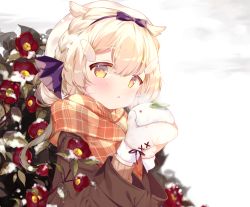 Rule 34 | 1girl, :o, black bow, black hairband, blonde hair, blush, bow, braid, breath, brown jacket, brown scarf, commentary request, flower, hair between eyes, hairband, hands up, holding, jacket, long hair, long sleeves, looking at viewer, mittens, original, parted lips, plaid, plaid scarf, red flower, scarf, snow, snow rabbit, solo, suzuhara (13yuuno), upper body, white mittens, wing hair ornament, yellow eyes