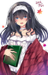 Rule 34 | 10s, 1girl, :d, aran sweater, bare shoulders, black hair, blue eyes, blush, book, cable knit, choker, dated, hairband, highres, idolmaster, idolmaster cinderella girls, jewelry, leaf, long hair, looking at viewer, maple leaf, off-shoulder, off-shoulder sweater, off shoulder, open mouth, pendant, sagisawa fumika, shawl, smile, solo, sweater, upper body, xe-cox
