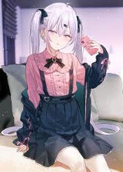 Rule 34 | 1girl, absurdres, black bow, black jacket, black skirt, blurry, blurry background, blush, bow, breasts, cellphone, collared shirt, commentary request, depth of field, dress shirt, earrings, feet out of frame, frills, grey hair, hair between eyes, hair bow, hair ornament, hairclip, highres, holding, holding phone, indoors, jacket, jewelry, long sleeves, looking at viewer, nail polish, open clothes, open jacket, original, parted lips, phone, pink shirt, pleated skirt, puffy long sleeves, puffy sleeves, purple hair, purple nails, shirt, sitting, skirt, sleeves past wrists, small breasts, solo, stud earrings, subachi, suspender skirt, suspenders, twintails