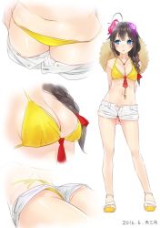 Rule 34 | 10s, 1girl, 2016, ahoge, ama mitsuki, arms behind back, artist name, ass, bare shoulders, between breasts, bikini, bikini under clothes, blue eyes, blush, braid, breasts, brown hair, character sheet, cleavage, clothes pull, collarbone, dated, flower, hair flower, hair ornament, hat, kantai collection, long hair, looking away, medium breasts, multiple views, navel, open fly, sandals, shigure (kancolle), shiny skin, short shorts, shorts, shorts pull, simple background, single braid, sketch, sun hat, swimsuit, swimsuit under clothes, upshorts, white background, white shorts, yellow bikini