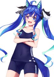 Rule 34 | 1girl, @ @, ahoge, animal ears, aqua hair, blue eyes, blue hair, blue one-piece swimsuit, bow, collarbone, commentary, covered navel, cowboy shot, crossed arms, crossed bangs, hair bow, heterochromia, highres, horse ears, horse girl, horse tail, long hair, looking at viewer, miso (misomiso 154), multicolored hair, one-piece swimsuit, open mouth, purple eyes, sharp teeth, sidelocks, simple background, single vertical stripe, solo, striped bow, swimsuit, tail, teeth, tracen swimsuit, twin turbo (umamusume), twintails, two-tone hair, umamusume, upper teeth only, very long hair, white background