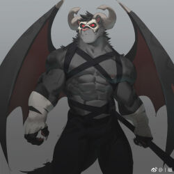 Rule 34 | 1boy, abs, animal ears, bara, black fur, bone mask, chest harness, colored sclera, demon boy, demon wings, feet out of frame, furry, furry male, harness, holding, holding staff, horned mask, jaguar boy, jaguar ears, large pectorals, looking to the side, male focus, mask, muscular, muscular male, nipple piercing, nipple rings, nipples, original, pectorals, piercing, red sclera, rollingstonex6, shaman, short hair, smile, solo, staff, stomach, tail, thick arms, thick tail, thick thighs, thighs, wings