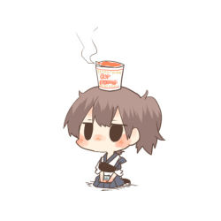 Rule 34 | 10s, 1girl, black eyes, blush, chibi, food, food on head, jitome, kaga (kancolle), kantai collection, lowres, nissin cup noodle, object on head, rebecca (keinelove), short hair, side ponytail, sitting, solid circle eyes, solo, steam