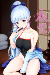 Rule 34 | 1girl, ayaka (genshin impact), blue bow, blue eyes, blue hair, blunt bangs, blurry, blurry background, bow, breasts, chinese clothes, cleavage, closed mouth, collarbone, convenient arm, covered erect nipples, dudou, eyelashes, folded fan, folding fan, genshin impact, hair bow, hair ornament, hand fan, high ponytail, highres, holding, holding fan, indoors, japanese clothes, kimono, large breasts, light blue hair, long hair, looking at viewer, mole, mole under eye, navel, open clothes, open kimono, petals, shibanme tekikumo, sitting, sleeves past wrists, smile, solo, tareme, thighs, yukata