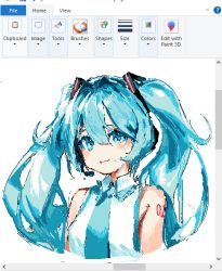 Rule 34 | 1girl, :3, blue eyes, blue hair, blue necktie, breasts, closed mouth, collared shirt, colored eyelashes, commentary, english commentary, hair between eyes, hatsune miku, long hair, massivetitty, microsoft paint (medium), microsoft paint (software), necktie, no nose, shirt, sketch, sleeveless, sleeveless shirt, small breasts, solo, twintails, vocaloid, white shirt