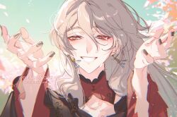 Rule 34 | 1boy, androgynous, ankou (shuuen no virche), bishounen, black nails, blue sky, crying, crying with eyes open, earrings, grey hair, highres, jewelry, leaf, long hair, looking at viewer, male focus, red eyes, rendong06, shuuen no virche, sketch, sky, smile, solo, tears, teeth, tree, twitter username