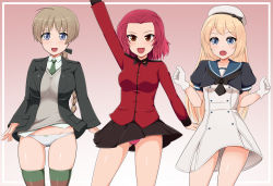 Rule 34 | 3girls, ahoge, arm up, bad id, bad pixiv id, black jacket, black skirt, blonde hair, blue eyes, blue sailor collar, braid, breasts, brown eyes, brown hair, cowboy shot, crossover, dress, girls und panzer, gloves, green neckwear, grey vest, hat, jacket, jervis (kancolle), kantai collection, large breasts, long hair, long sleeves, lynette bishop, multiple girls, necktie, nikku (nzaf5832), no pants, open clothes, open jacket, open mouth, panties, pleated skirt, puffy short sleeves, puffy sleeves, red hair, rosehip (girls und panzer), sailor collar, sailor dress, sailor hat, short hair, short sleeves, single braid, skirt, smile, st. gloriana&#039;s military uniform, strike witches, suit jacket, sweater vest, underwear, vest, white dress, white gloves, white headwear, white panties, world witches series