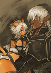 Rule 34 | 00s, 1boy, 1girl, animal ears, armor, breast press, breasts, cat ears, cat girl, cat tail, doraeshi, earrings, elbow gloves, elf, elvaan, final fantasy, final fantasy xi, gloves, grey eyes, highres, jewelry, looking at viewer, lying on person, mithra (ff11), pointy ears, purple eyes, short hair, sideboob, tail, thighs, white hair