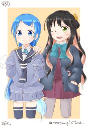 Rule 34 | 10s, 2girls, ;d, afterimage, aqua bow, aqua bowtie, black hair, black neckerchief, blue hair, blush, bow, bowtie, buttons, cardigan, closed mouth, collar, cropped legs, dress, eyebrows, fang, gradient hair, green eyes, grey legwear, hair between eyes, hair ribbon, hand in pocket, hand on another&#039;s shoulder, hands in opposite sleeves, highres, kantai collection, long hair, looking at viewer, mae (maesanpicture), motion lines, multicolored hair, multiple girls, naganami (kancolle), neckerchief, numbered, one eye closed, open mouth, oversized clothes, pantyhose, pink hair, pleated dress, pocket, ribbon, sailor collar, samidare (kancolle), school uniform, shirt, sketch, skirt, sleeveless, sleeveless shirt, sleeves past wrists, smile, swept bangs, teeth, thighhighs, twitter username, two-tone background, two-tone hair, very long hair, wavy hair, white skirt, yellow ribbon, zettai ryouiki
