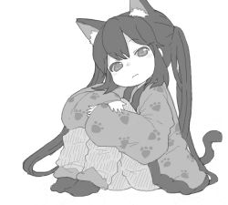 Rule 34 | 1girl, animal ears, cat ears, cat tail, greyscale, hugging own legs, k-on!, kuzu kow, long hair, looking at viewer, monochrome, nakano azusa, paw print, simple background, solo, tail, white background