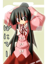 Rule 34 | 1girl, black hair, blunt bangs, blush, blush stickers, bunching hair, egasumi, female focus, green eyes, grey background, hair over eyes, high ponytail, houraisan kaguya, ichidai taisa, long hair, looking at viewer, mouth hold, no nose, open mouth, ponytail, shirt, skirt, smile, solo, standing, touhou, translation request, twintails, very long hair, wide sleeves