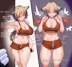 Rule 34 | 1boy, 1girl, absurdres, aciddrop (arknights), animal ear fluff, animal ears, arknights, bare shoulders, blue eyes, blush, breasts, bright pupils, brown hair, cleavage, closed mouth, collarbone, disembodied hand, doctor (arknights), english text, feet out of frame, hands up, heart, highres, holding, kabedon, large breasts, looking at viewer, male doctor (arknights), motion lines, navel, naxius noxy, parted lips, pov, red shorts, short hair, shorts, smile, standing, steaming body, stomach, towel