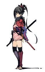 Rule 34 | 1girl, black eyes, black hair, black socks, closed mouth, commentary request, copyright request, full body, hair ornament, highres, holding, holding sword, holding weapon, imigimuru, japanese clothes, kimono, kneehighs, long hair, looking at viewer, ninja, no socks, obi, pink kimono, ponytail, sandals, sash, scabbard, sheath, simple background, sketch, smile, socks, solo, sword, very long hair, weapon, white background