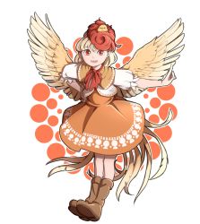 Rule 34 | 1girl, bird, blonde hair, boots, bow, bowtie, capelet, chick, dress, hand on own hip, highres, looking at viewer, mefomefo, multicolored hair, niwatari kutaka, orange skirt, puffy short sleeves, puffy sleeves, red eyes, red ribbon, ribbon, shirt, short hair, short sleeves, skirt, smile, solo, touhou, two-tone hair, white shirt, wings